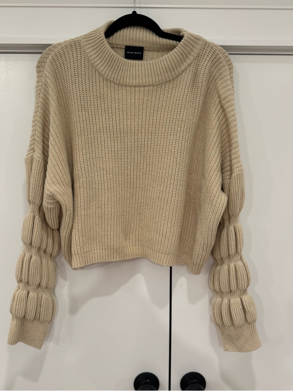 Miou Muse Beige Cropped Crewneck Sweater with Sculpted Sleeve Detail